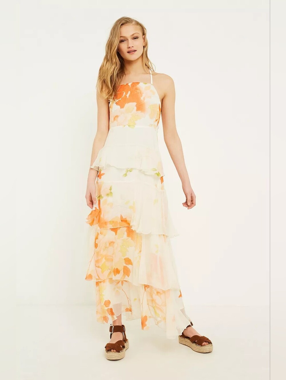 Urban Outfitters Tally Sheer Tiered Floral Maxi Dress in Cream and Coral